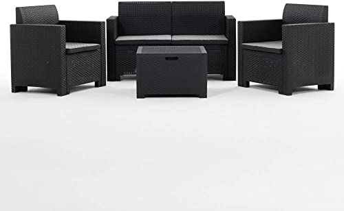 RATTATAN Salina - Lounge-Set, 4- teiliges Lounge-Set, 2 Armsessel, 2-Sitzer-Sofa, Multifunktionstisch (Anthrazit)