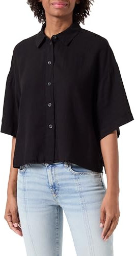 VERO MODA Camisa de Mujer Corte Holgado y Botones Blusa Manga Corta Camiseta de Mujer, Color:Negro, Talla:XL
