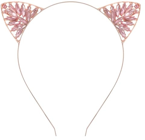 minkissy Cat Ear Headband Rhinestone Cat Ears Hairband Cat Hair Hoop Metal Crystal Pearl Cat Ears Headband Animal Hair Accessories for Women Girls (Rose Gold)