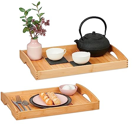 Relaxdays Set de 2 Bandejas Madera Bambú, Fuente Desayuno Cama con Asas, 2 Tamaños, Rectangular, Natural