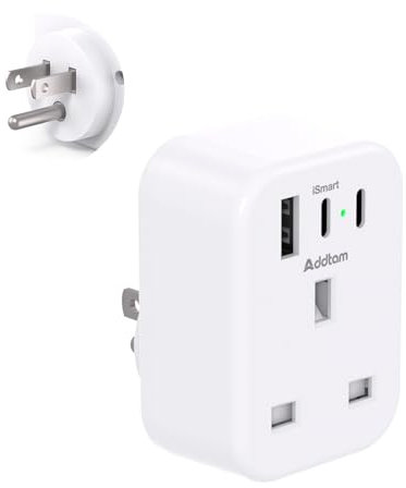 UK to US Plug Adaptor, USA Travel Adapter with 1 USB & 2 USB C Ports for American, Canada, Thailand, Mexico, Colombia Grounded Charger, 4 in 1 Plug Adapter from UK to USA for Phone, Computer (Type B)