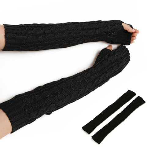 Andiker Women Arm Warmers, Winter Knitted Long Sleeve Fingerless Gloves with Thumb Hole, Mittens Wrist Warmers for Women and Men (Black)