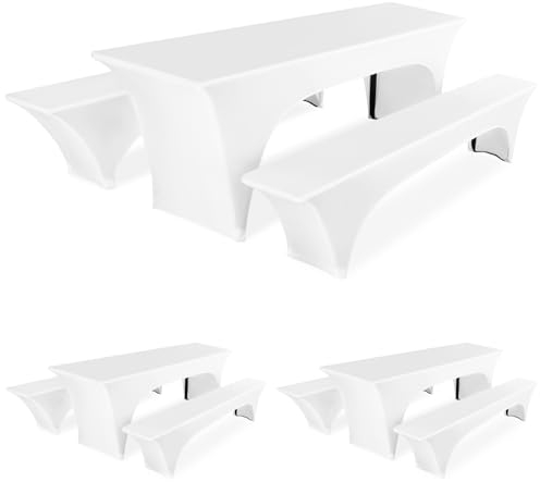 Pesonlook 3er Pack Dreiteilige Sets Biertischhusse Weiß Stretch Biertisch und Bank Set Husse für 50cm Tischbreite, Bierbankhusse, Bierzeltgarnitur 220x50x70cm für Bankett Outdoor Möbel Schonbezüge