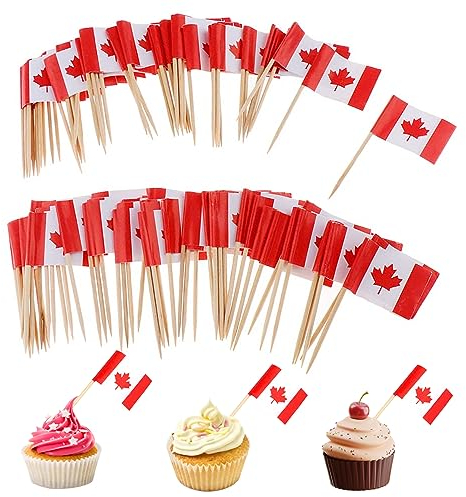 100 Stück Food Flaggen Zahnstocher, Kanada Flaggen Kuchen Toppers Mini Obst Cocktail Stick Flagge Zahnstocher Flaggen für Party Lebensmittel Käse Label Party Supplies Pub BBQ Dekor