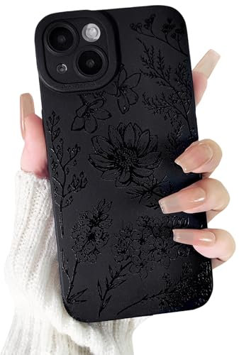 NITITOP Compatible for iPhone 13 Case Cute Cool Flower Floral Black Design for Girls Women Soft TPU Shockproof Protective Girly for iPhone 13-Plant