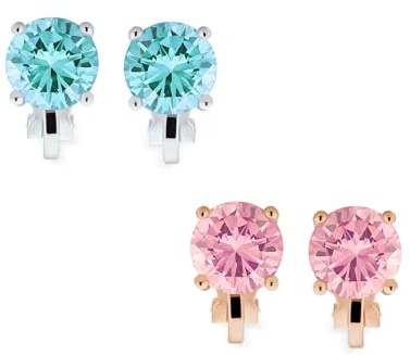 Ensemble De Deux Boucles D'Oreilles À Clip En Laiton Plaqué Or Et Argent Avec Des Pierres De Zircone Cubique Rondes Solitaires De Couleur Pastel Rose Et Bleu Aqua Taille Brillant 2CT Sans Perçage