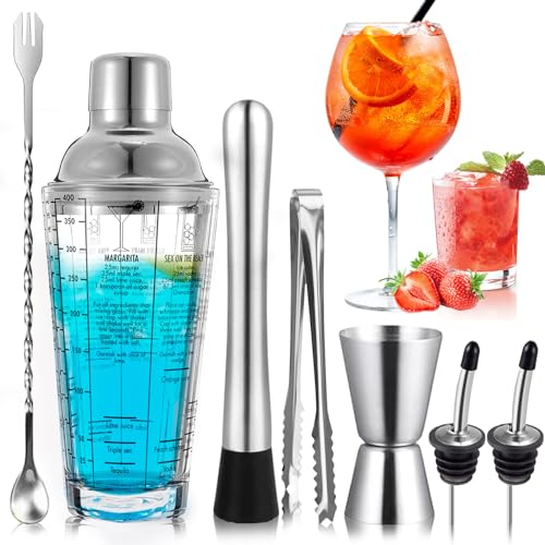 PIWOSGOL Cocktail Shaker Set, 400 ml Glas Edelstahl Cocktailshaker, Barkeeper Set mit Shaker, Messbecher, Löffel, Stößel, Ausgießer, Eiszange, Professional Cocktail Mix Set für Zuhause, Bar, Party