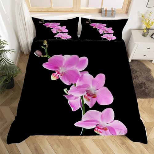 Orchidee Bettwäsche 200x200 cm Weiche Mikrofaser Einfach Bettwäsche-Sets mit Reißverschluss 3 Teilig Bettbezüge mit 2 Kissenbezug 80x80 cm