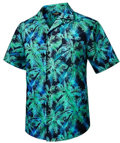 HISDERN Mens Hawaiian Shirts Summer Short Sleeve Casual Hawaii Shirt for Men Palm Tree Print Funky Button Down Regular Fit Cuban Collar Beach Aloha Shirt Black/Green/Blue L