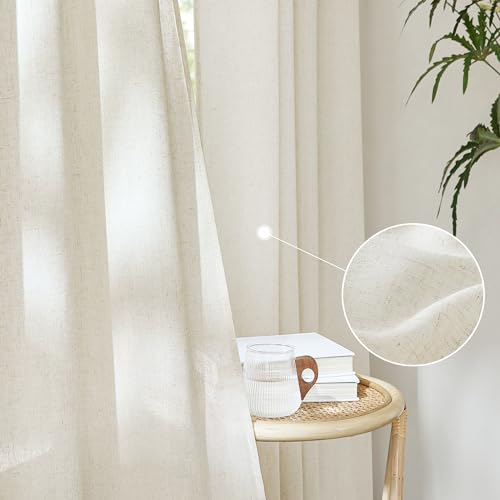 KGORGE Kurze Gardinen Halbtransparent Vorhang Leinen Ösenschal 2er Set 145cm x 140cm(HxB) Leinenoptik Landhaus Ösen Wohnzimmer Naturfarbe