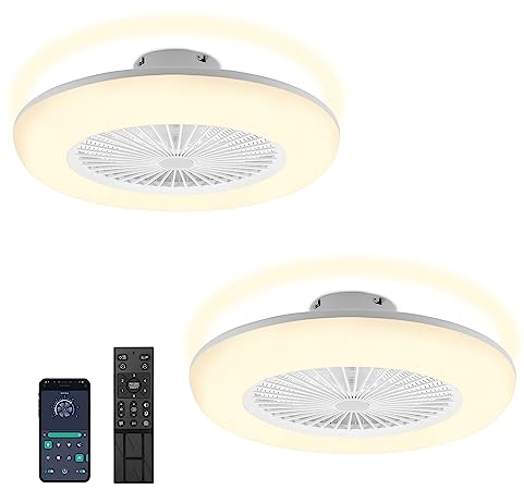 Fiqops 2 x Ventilatore da soffitto con illuminazione e telecomando 80 W, Wi-Fi Ø 55 cm, 6 velocità, dimmerabile, timer, funzionamento estivo invernale per camera da letto, soggiorno