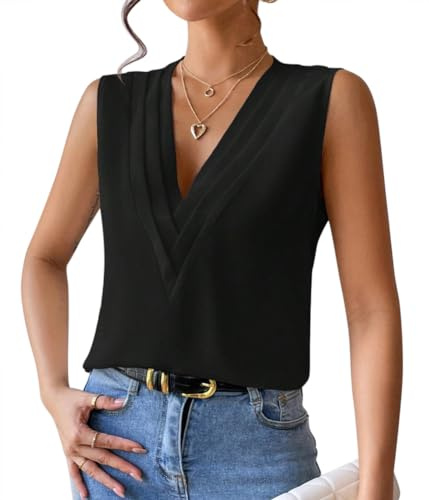 ORANDESIGNE Débardeur Femme Chic Et Élégant Top Chemisier Sexy Blouse Ample Haut Été sans Manches Tee Shirt Col V Fluide Mode Casual Chemise Classique Debardeur Travail Camisole B Noir M