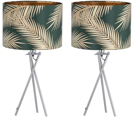 firstchoicelighting Set of 2 Polished Chrome Tripod Table Lamps or Bedside Lights, Modern, Dark Green Gold Leaf Shades, Height 52cm, LED Compatible
