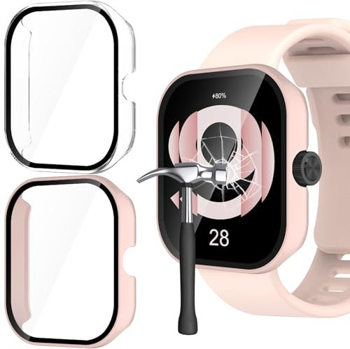 Jvchengxi Custodia con Vetro Temperato per Xiaomi Redmi Watch 4, 2-Pezzi PC Rigida Pellicola Protettiva Case AntiGraffio Schermo Protezione Cover per Xiaomi Redmi Watch 4 (Rosa+Chiaro)