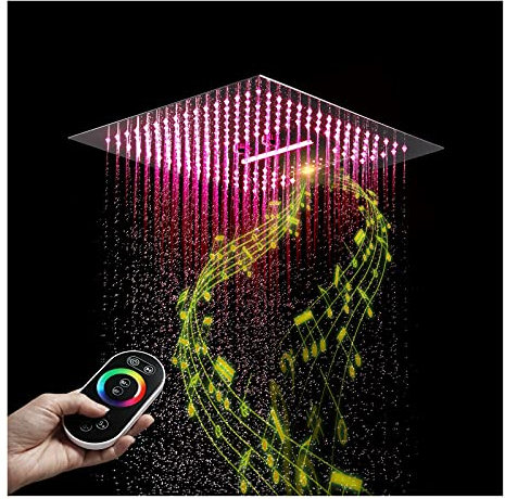 GaRcan Alcachofa de ducha tipo lluvia con música LED Alcachofa de ducha tipo lluvia de alta presión Cabezal de ducha fijo tipo lluvia cuadrado de 16 pulgadas con luces Cabezal de lluvia de acero