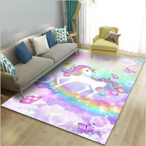 TSMMB Tapis Chambre Enfant Fille Licorne Arc-en-Ciel Rose,Tapis Salon 100X150 Lavable Pile Courte Et Douce,Tapis De Porte Antidérapant,H8