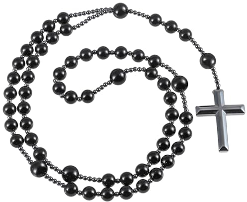 Nupuyai Hämatit Stein Kreuz Anhänger Obsidian Rosenkranz Perlen Kette für Damen Herren, Edelstein Gebetskette Kristall Katholisches Kreuz Halskette Reiki Heilstein Schmuck