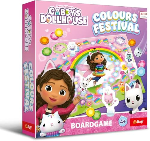 Trefl - Colours Festival, Gabby's Dollhouse - Family Brettspiel mit Erinnerung, Steier mit Helden Märchen Katzen Haus Gabi, Familien-Spiel für Kinder ab 4 Jahren | Für Kinder 4+, Familienspiel mit Erinnerung, Helden Schuhe Märchen Katzenhaus Gabi, Familie Game