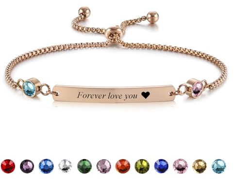 INBLUE Custom Name Bar Bracelet with Birthstone for Women Stainless Steel Adjustable Personalized ID Coordinate Engraved Bracelet Anniversary Customized Gift for Mom Girlfriend Sister - Rose Gold