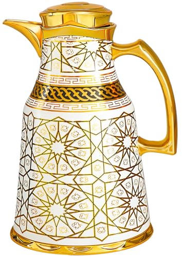 Insulated Thermal Coffee Carafe,35 oz,Luxury Arabic Coffee Pot,Arabic Style Vacuum Thermal Carafe Insulated Flask for Coffee Hot Cold Drink Tea,Housewarming Ornaments(White and Gold)