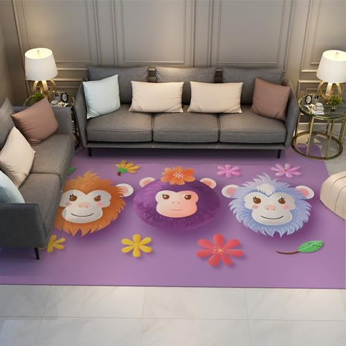 UERWOWELL Lila weiche Bequeme Teppiche 60x90cm süßer Cartoon-Tier-Affenkopf-Druck Kinderzimmerteppich mit Gummirücken waschbarer niedrigfloriger Teppich für das Schlafzimmer