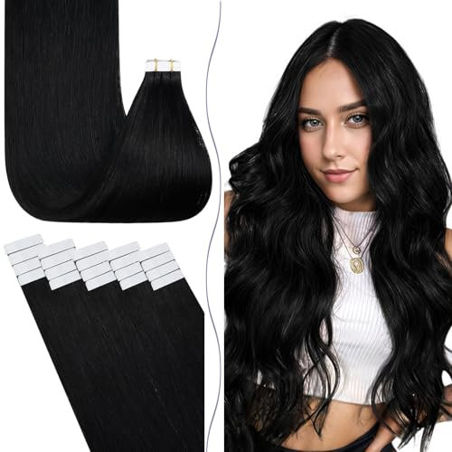 Fshine Tape Extensions Echthaar Tiefschwarz 65cm Haarverlängerung Echthaar Tapes in Extensions 20 Stücke 50g Langes Glattes Haar Farbe 1