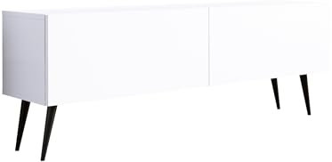 3E 3xE living.com Meuble TV : Deux Portes, Deux étagères, Couleur : Blanc Mat, Pieds Noirs D : L : 140 cm, H : 52 cm, P : 32 cm