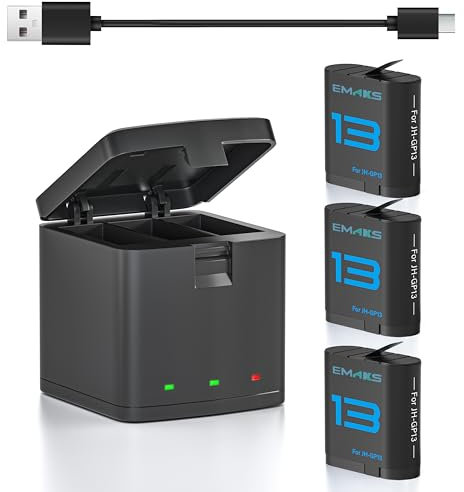 Emaks Rechargeable Battery and Charger for GoPro Hero 13 Go Pro,Includes 3Pack Rechargeable Batteries 2100mAh and 3Channel LED USB Storage Fast Charger Station for Original 13 Hero Black Accessories