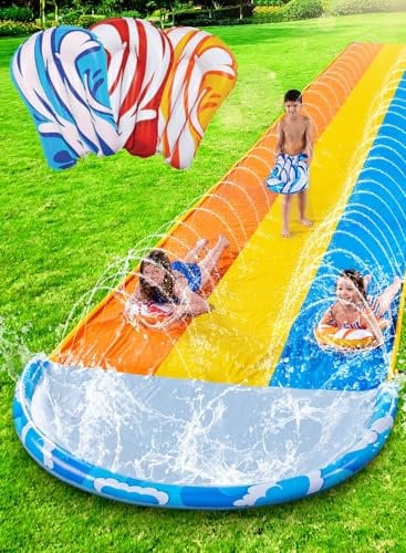 Sloosh Toboggan Aquatique Triple 22,5ft x 84in/685.8 * 213.3cm avec Vagues, Toboggan de pelouse résistant avec 3 bodyboards et arroseur, Jouet d'eau d'été pour Enfants et Adultes, extérieur et Jardin