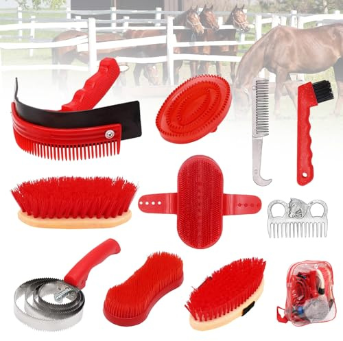 Cepillos Para Caballos, 10PCS Juego De Cuidado De Caballos Juego De Cuidado De Cepillos Kit De Cuidado De Caballos Limpieza De Caballos Cepillo Ecuestre Accesorios Con Bolsa De Almacenamiento
