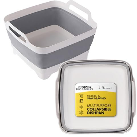 UR CHOICE Collapsible 10L Washing Up Bowl with Drain Plug | Foldable Sink for Dishwashing, Fruits & Vegetables | Portable & Space-Saving Storage Basket (White/Grey)