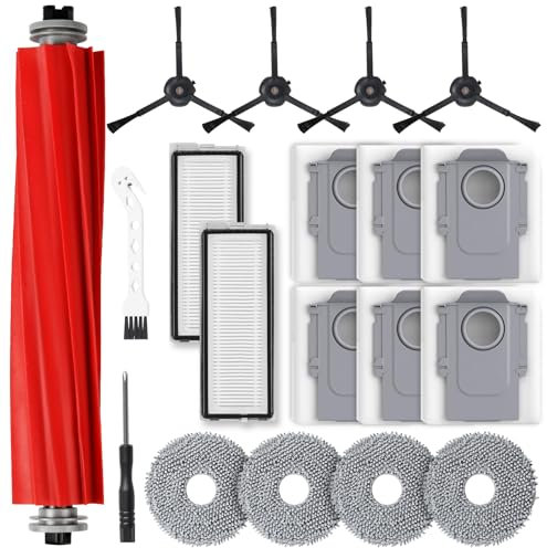Lot de 19 accessoires pour aspirateur Roborock Qrevo S/Qrevo Pro/Qrevo MaxV/P10, 1 brosse en caoutchouc, 4 brosses latérales, 6 sacs à poussière, 4 lingettes, 2 filtres HEPA, 1 brosse à crochet, 1