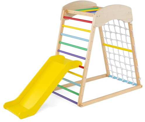 HOMASIS 6 in 1 Klettergerüst Indoor, Kletterdreieck mit Rutsche, Pull Up Bar, Kletterleiter, Kletternetz & Tunnel, Baby Spielplatz aus Holz, Kletterspielzeug für Kinder ab 1 Jahr (Farbig)