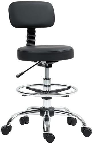 HOMCOM Zeichenstuhl, Bürostuhl mit Rückenlehne und Verstellbarer Fußstütze, höhenverstellbarer Hocker, Leder gepolsterter Rollstuhl für Home Office, Schwarz