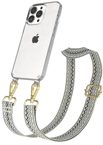 EAZY CASE Handykette - Verstellbares Taschenband kompatibel mit iPhone 13 Pro, Schulterriemen, Handykordel mit Silikon Hülle, Umhängetasche, Beige Blau Gold