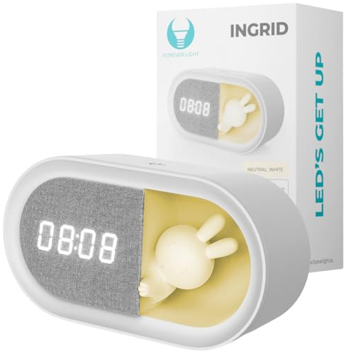 Forever Light Kinderwecker mit Nachtlicht FNL‑05 Ingrid | Digitaler Wecker mit 1200 mAh Akku & USB‑C | Geräuschlos | LED Häschen-Lampe | Für Kinderzimmer, Babyzimmer & Reisen – Weiß