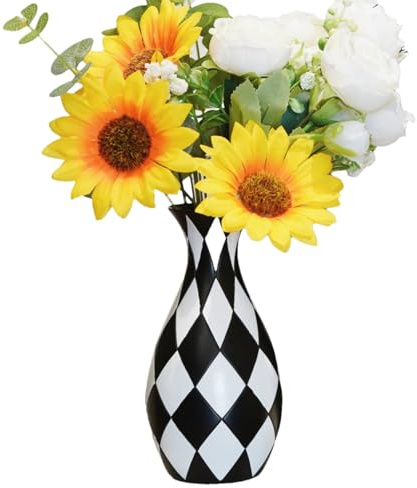 Weiße und Schwarze Vase, schwarz -weiß Karierte Blumenvase Dekorative weiße