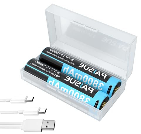 2 Stück 3800mAh Höhe Kapazität Akku, 3,7V Neuer 0-Zyklus Eingebauter Ladeanschluss, Schnellladung über USB-C mit Zwei Kopfkabel, für LED Stirnlampe