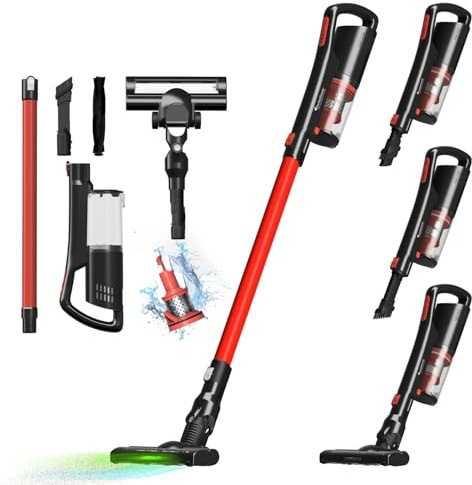 TurboTronic 120W Akku Staubsauger mit Laser-LED 11000 Reale PA Saugkraft, 3 Stufen, 40 min Handstaubsauger Stiel Bodenstaubsauger beutellos, Parkett Tierhaare rot