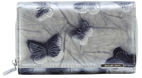 Jennifer Jones - Portefeuille en Cuir pour Femme Grand Porte-Monnaie Plusieurs Compartiments avec Protection RFID, Motif Papillon Argenté