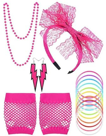 Teogneot Set di accessori per feste anni '80, rosa, con cerchietto in pizzo, collana di perle, orecchini flash, guanti a rete, bracciali arcobaleno