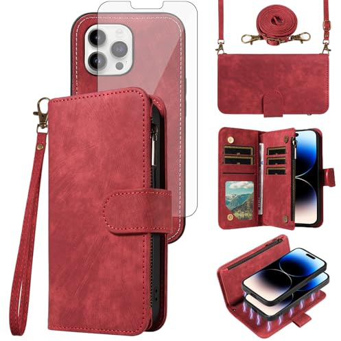 Phone Case for iPhone 14 Pro 6.1 inch Zipper Wallet Detachable Cell Cover with Screen Protector Crossbody Lanyard Strap Flip Card Holder iPhone14Pro 5G i i-Phone i14 iPhone14 4 14Pro Women Girls Red