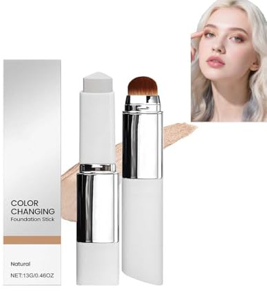 White Color Changing Foundation Stick,Double-Headed Lightweight Foundation Stick,2-In-1 Dual Head Cover Cream With Brush,Hydrating Lightweight,Blur Pores Even Skin Tone For All Skin Types (Natural)