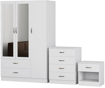 Nera 3 Door Wardrobe Set 3 Piece with Mirror Chest of Drawers Bedside Table for Bedroom Storage (Matt White)