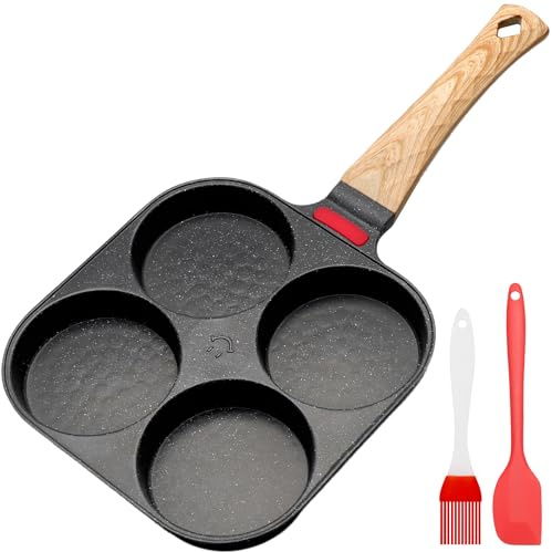 QinyOulhause Sarten Tortitas de 4 Agujeros - Antiadherente Sartén Tortilla Inducción para Huevos y Panqueques - Sartén de Aluminio para Desayuno con Inducción y Gas (Negra)
