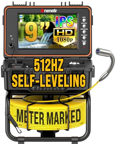 Dnenellr Telecamera Ispezione Tubi Con Sonda 512Hz E Funzione Auto-Livellante 1080P, Cavo 50M Con Segni Metrici, Schermo IPS HD da 9 Pollici, DVR 32GB, Batteria 5100mAh, Impermeabile IP68