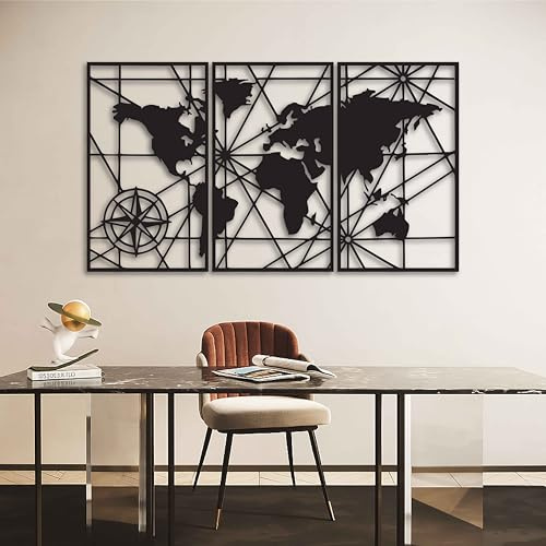 KAWA METALWORKS Weltkarte Metall Wandkunst 3 Pack Große Karte Skulptur Set, Moderne Weltkarte Wanddekoration für Wohnzimmer, Metallkunstwerk für Bürodekoration