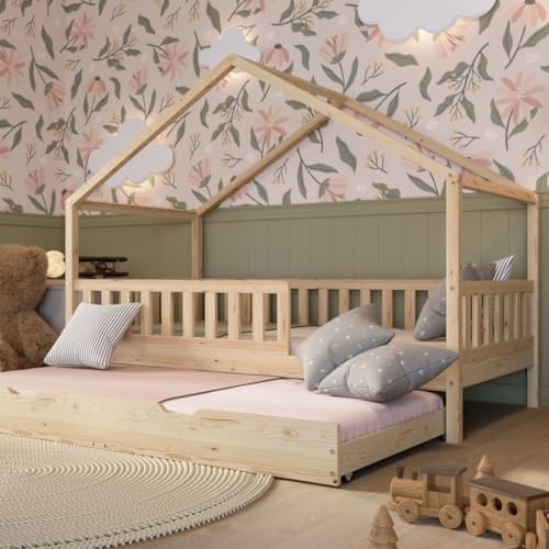 Crazy Pine Hausbett mit Ausziehbett 80x160 cm – Kinderbett aus Naturholz mit Rausfallschutz – Montessori Bett mit Schublade mit Schlaffunktion und Abnehmbarer Barriere - Crazy House