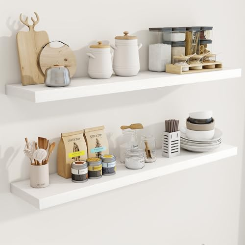 Acovy 120cm Floating Shelves, 23.5cm Deep Floating Shelf Wall Mounted, 120cm Wall Shelves, Rustic Deep Bookshelf, Large Display Shelves & Storage Shelves for Bedroom, Living Room, White, Set of 2