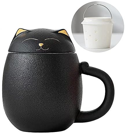 Simpatica tazza da tè a forma di gatto con infusore e coperchio, tazza da tè in ceramica con filtro per macerare tè sfuso, tazze da tè in porcellana con manico, adatta per casa e ufficio, ideale per